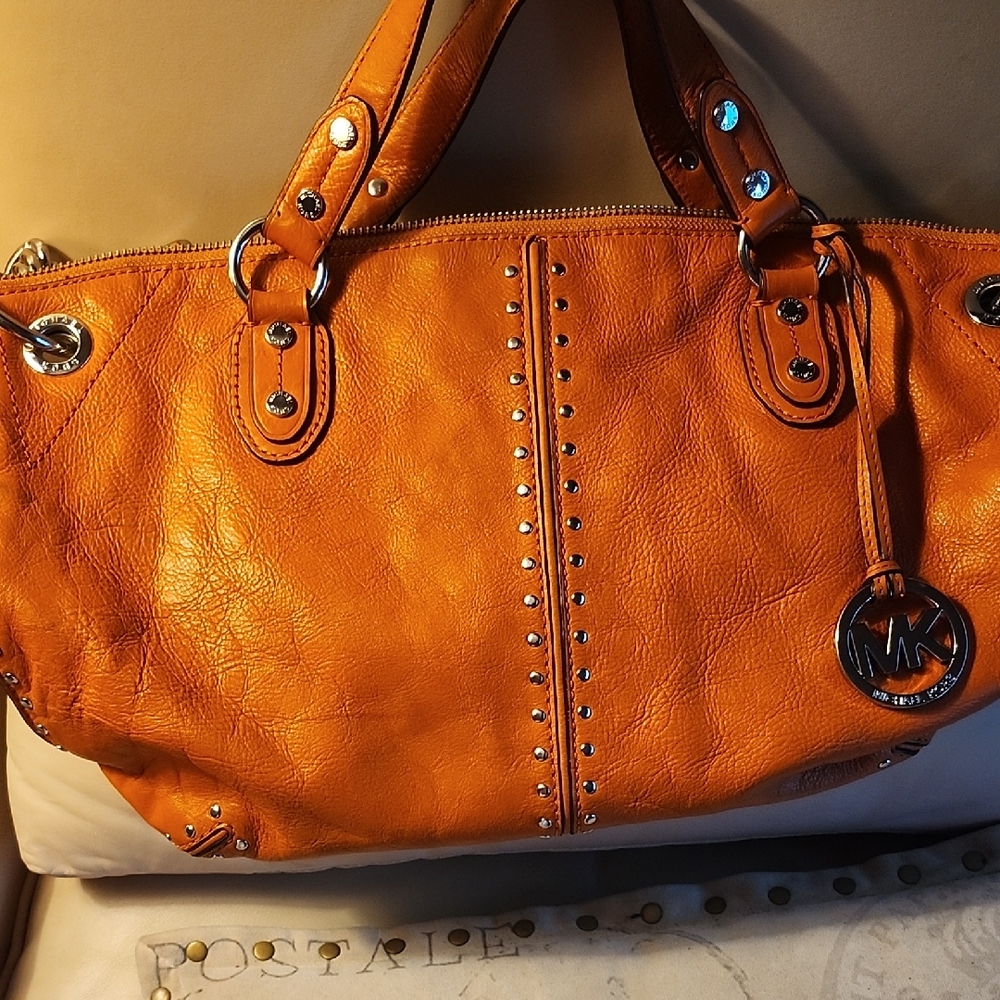 Michael Kors Orange Leather Shoulder Bag with Silver Accents